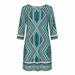 Chicos Dress 2 12 Geometric Print Sheath Dress Blue Green Keyhole 3/4 Sleeve